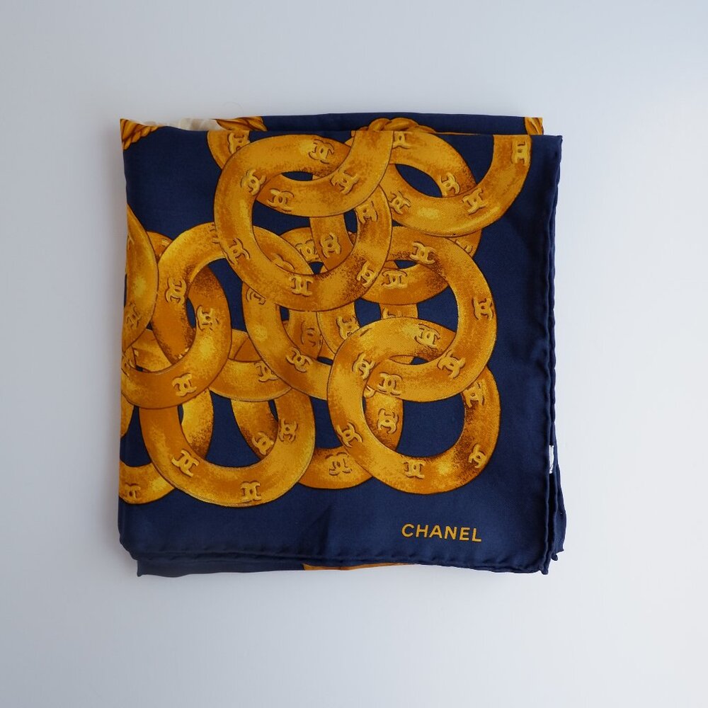 Authentic Preowned Chanel Navy/Gold Silk CC Logo Scarf